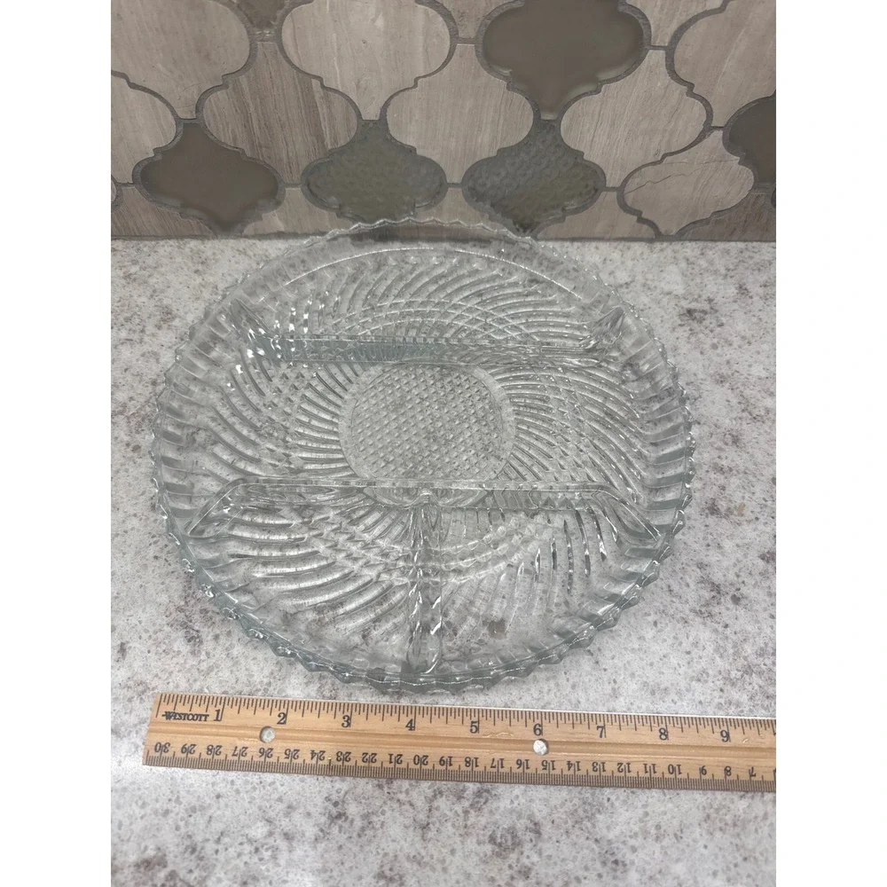 Vintage Clear Pressed Glass Divided Serving Platter Relish Tray Sunburst Swirl 9
